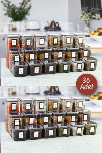 Pazarika 36'lı Set Etiketli, Kırılmaz Kare Kavanoz Erzak Saklama Kabı Antrasi...