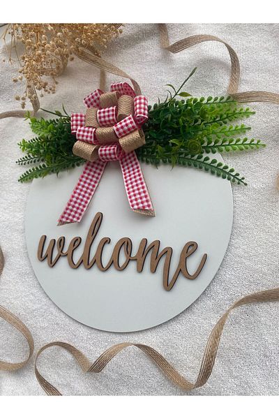 HOBİ55 Στολίδι πόρτας Welcome Natural White Gift Leafed 2023-5 με κόκκινη κορδέλα