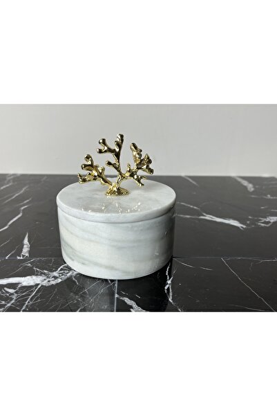 Modestmar Doğal Mermer Kase, Gold Mercan Aksesuarlı Kapaklı Mermer Kase, Deko...