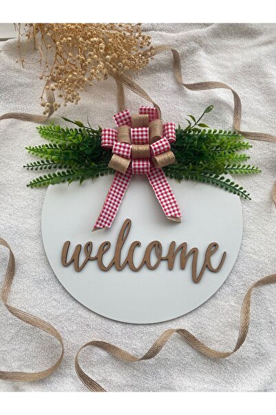 HOBİ55 Στολίδι πόρτας Welcome Natural White Gift Leafed 2023-5 με κόκκινη κορδέλα