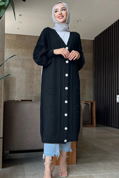 asyadabutik Knitted Long Cardigan with Embroidered Pearl Buttons
