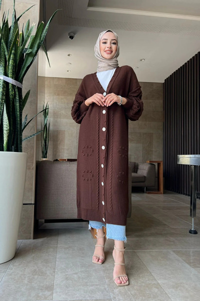 asyadabutik Knitted Long Cardigan with Embroidered Pearl Buttons