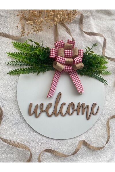 HOBİ55 Στολίδι πόρτας Welcome Natural White Gift Leafed 2023-5 με κόκκινη κορδέλα