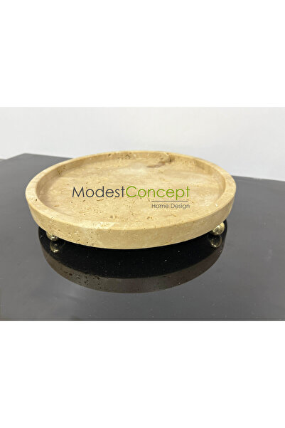 Modestmar Doğal Traverten Mermer Tepsi, Banyo Düzenleyici, Sunum Tabağı Yuvarlak Tepsi Gold Top Ayaklı