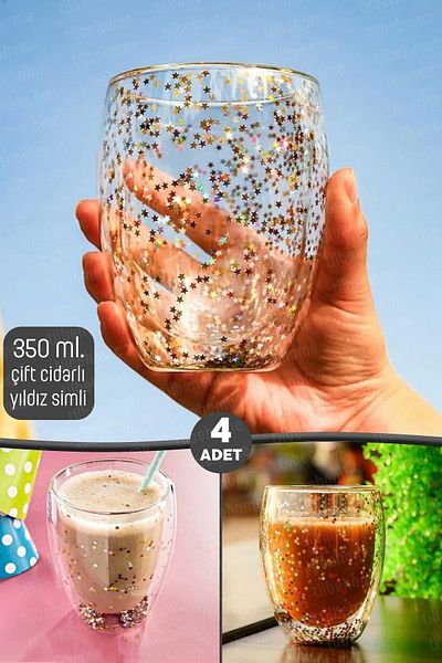 Tilbe Home كوب كوكتيل بوروسيليكات مكون من 4 قطع من ستار جليتر - مقاوم للحرارة، مزدوج الجدار، كوب قهوة للعرض
