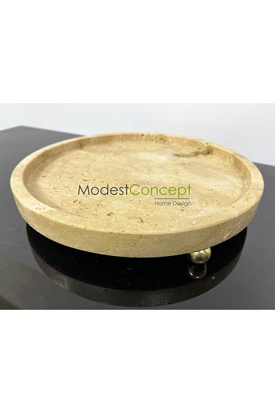 Modestmar Natural Travertine Marble Tray, Bathroom Organizer, Presentation Plate Round Tray Gold Ball Pedestal