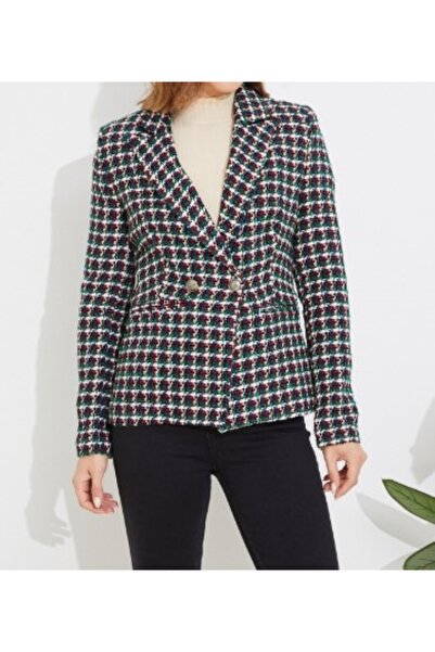 ZY BUTİK KRUVAZE YAKA KOYU YEŞİL DESENLİ KIŞLIK BLAZER CEKET