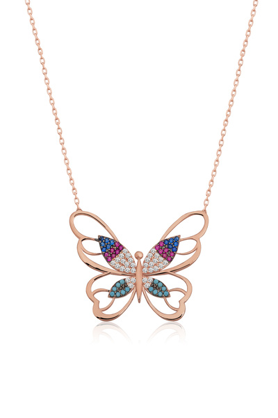Nereze 925 Ayar Gümüş Renkli Taşlı Rose Kaplama Kelebek Kolye