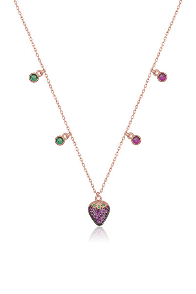 Nereze 925 Ayar Gümüş Rose Kaplama Çilek Figürlü Şans Kolye