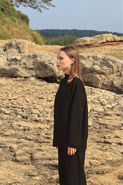 LoFiBuy Kadın Siyah Oversize Bisiklet Yakalı Cepli Scuba Premium Alt Üst Takım