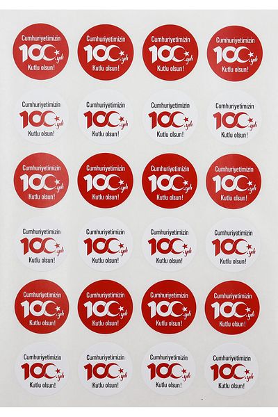 reprodesign 100.Year 29 October Republic Day Adhesive Sticker 4 cm Round 24 Pieces ( White - Red )
