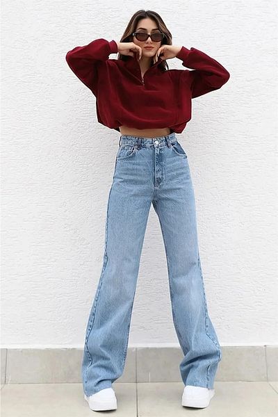 MAKRAS EXCLUSIVE Pantaloni de blugi Palazzo Jeans din lycra cu talie înaltă pentru femei Lisa, cu picioare late, albastru, spălat cu zăpadă