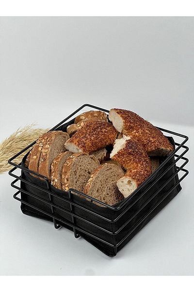 Pink Cat Kitchen Square Bread Basket Multi-Purpose Black Stainless Basket Black Fabric