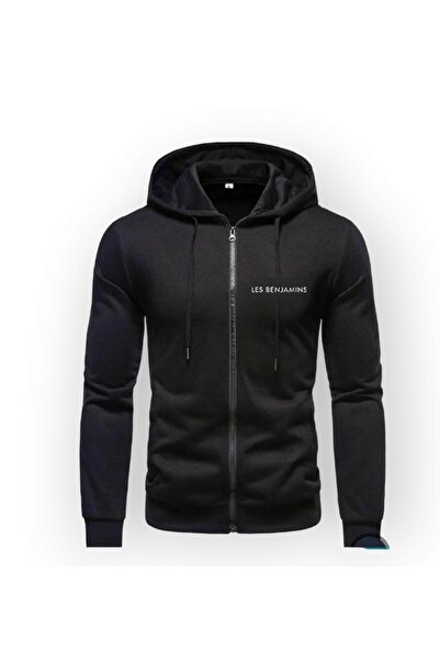 El-si Siyah Renk Kapüşonlu Fermuarlı Cepli Sweatshirt Ceket