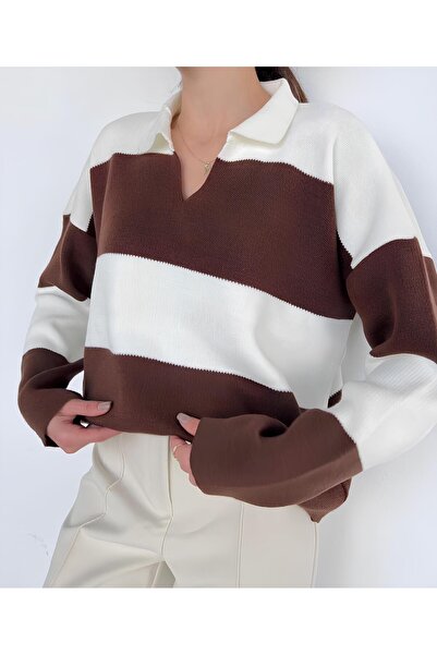 Jose Clothing KADIN KALIN ÇİZGİLİ POLO YAKA UZUN KOLLU TRİKO KAZAK