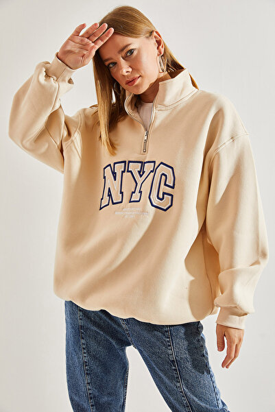 Bianco Lucci Dámská žebrovaná mikina se třemi vlákny s potiskem NYC a límečkem na zip