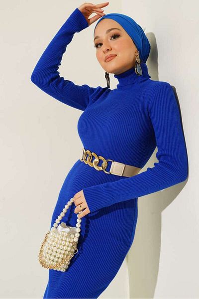 benguen 23100 Φόρεμα μακρύ πλεκτό με ραβδώσεις Saks Blue