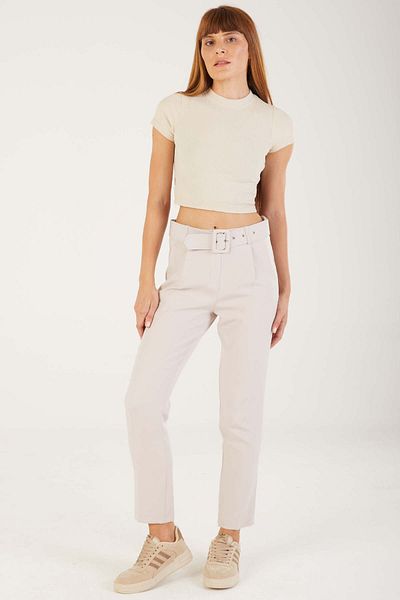 STİLPİX Women's Stone Straight Belted Fabric Trousers| Women's Stone Plain Belted Fabric Trousers