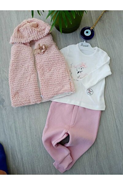 Hippıl Baby Kız Bebek Peluş Kapüşonlu 3'lü Tarz Takım