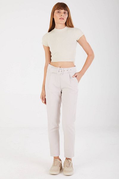 STİLPİX Women's Stone Straight Belted Fabric Trousers| Women's Stone Plain Belted Fabric Trousers