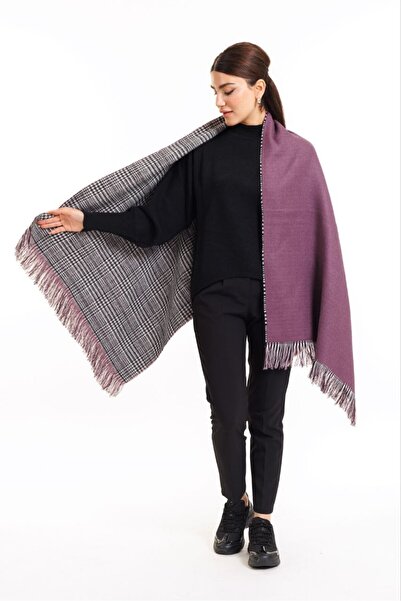 MESCHAIN Çift Taraflı Ekoseli Yünlü Omuz Şalı - 70x190cm - Kışlık Şal