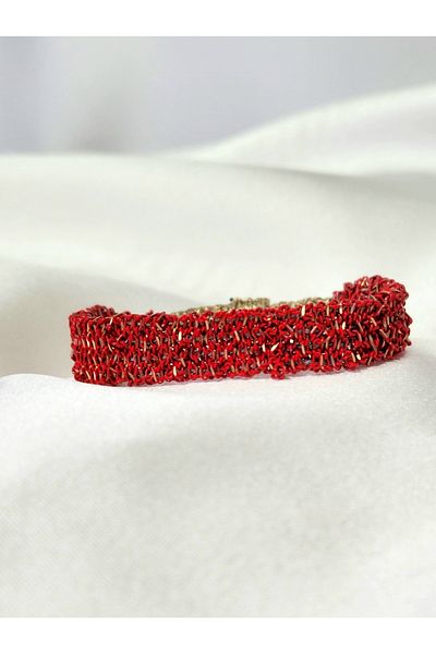 Eva Takı Red Chain Woven Cord Handmade Authentic Bracelet
