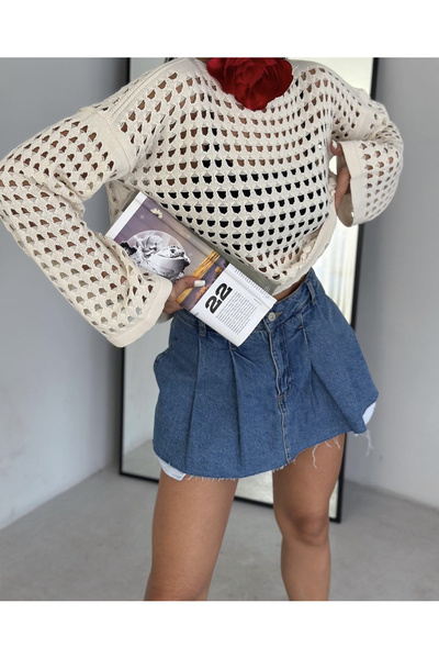 jöns since 1997 Pulover de damă cu mânecă spaniolă scobită, crop, bej