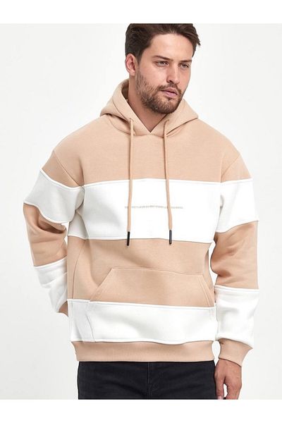 MADZEYMODA Ανδρικό φούτερ με 3 κλωστές, μπεζ και λευκή κουκούλα