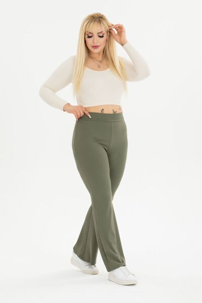 Swana Women's Plus Size Khaki Ribbed Flare Leg Trousers Leggings