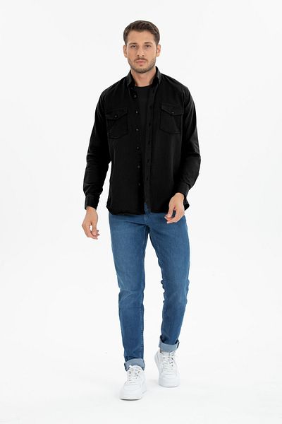 Varetta Men's Black Double Pocket Lycra Classic Cut Long Sleeve Denim Shirt
