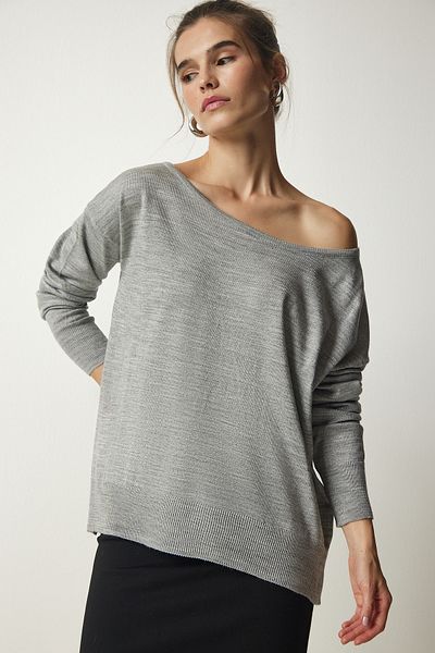 Happiness İstanbul Women's Gray Boat Neck Knit Sweater FN03127