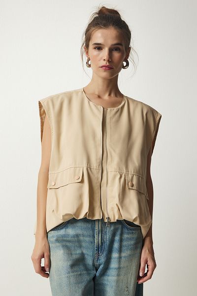 Happiness İstanbul Beige Baumwollweste mit geraffter Taille für Damen JH00049