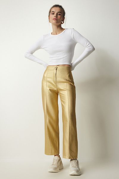 Happiness İstanbul Women's Metallic Yellow Metallic Carrot Trousers UL00012