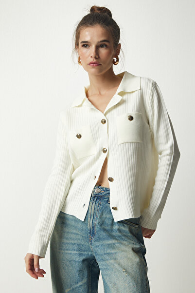 Happiness İstanbul Dámský pletený svetr Ecru Metal Buttoned Knit Cardigan BV00109