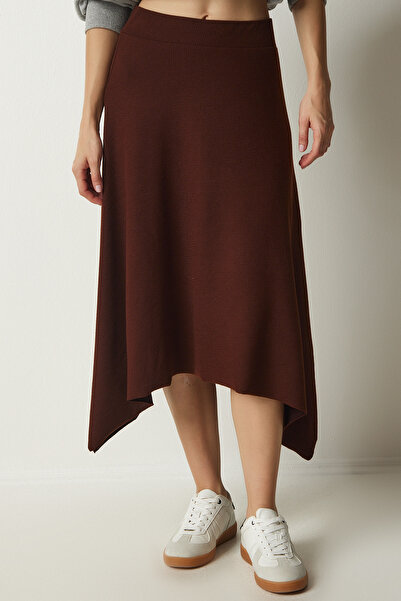 Happiness İstanbul Dámská hnědá žebrovaná pletená sukně asymetrického střihu MC00227