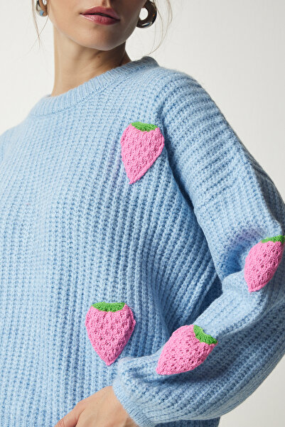 Happiness İstanbul Női égszínkék eper texturált kötöttáru pulóver PF00022