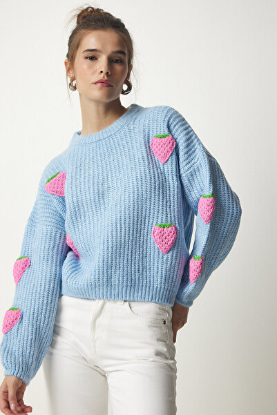 Happiness İstanbul Női égszínkék eper texturált kötöttáru pulóver PF00022