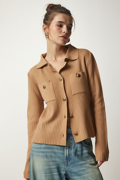 Happiness İstanbul Dámská sušenková pletenina s kovovým knoflíkem Cardigan BV00109