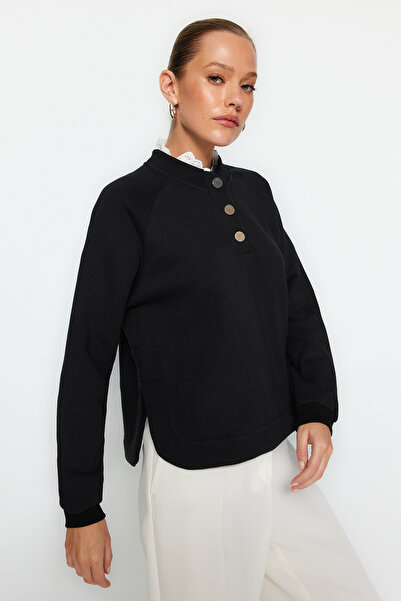 Trendyol Collection Μαύρο χοντρό εσωτερικό φλις γιακά με λεπτομερή κουμπιά κανονική/κανονική εφαρμογή πλεκτό φούτερ TWOAW24SW00186