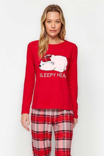 Trendyol Collection Red Teddy Bear T-Shirt-Pants Knitted Pajamas Set Thmaw24Pt00094