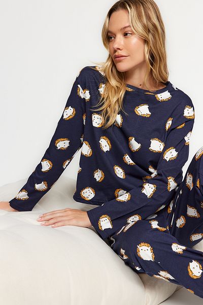Trendyol Collection Námořnická modrá 100% bavlna Tričko-Jogger Pletené pyžamo Set THMAW24PT00136