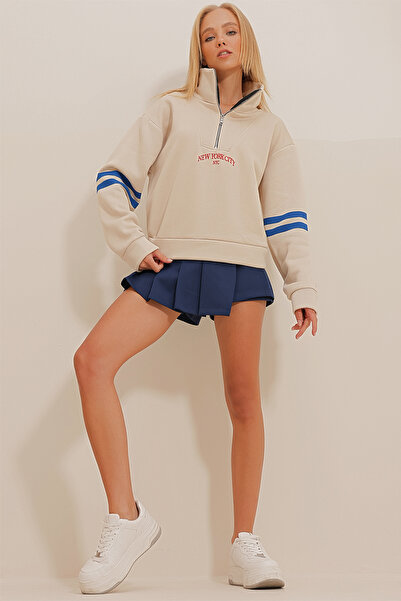 Trend Alaçatı Stili Dámská béžová proužkovaná mikina se 3 vlákny, žebrovaná mikina ALC-X10961