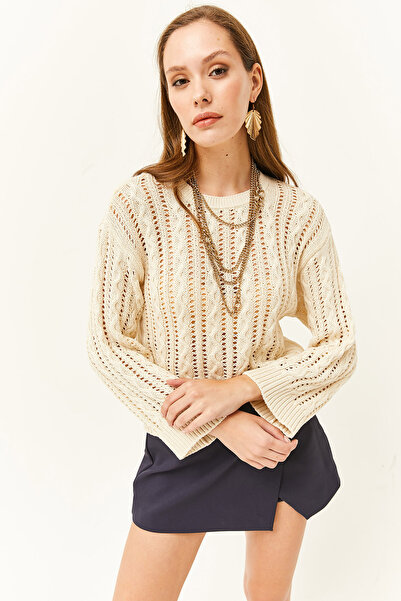 Olalook Damen-Strickpullover mit geflochtenem, durchbrochenem Steinhaarmuster KZK-19000661