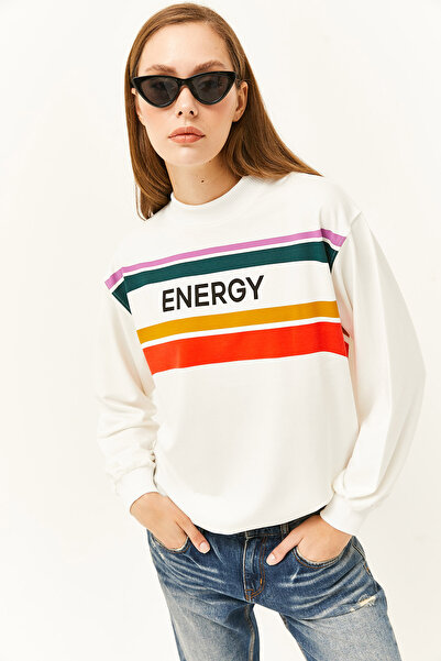 Olalook Kadın Energy Ekru Baskılı Yumuşak Dokulu Sweatshirt SWT-19000627
