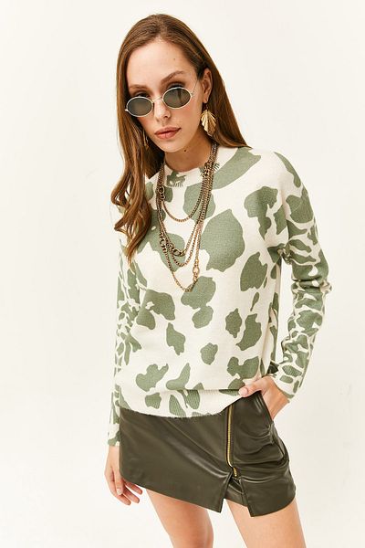Olalook Women's Ecru Green Crew Neck Patterned Soft Textured Knitwear Sweater KZK-19000611