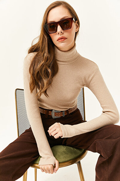 Olalook Bluză de damă din lycra cu guler pescar cu degete BLZ-19001644