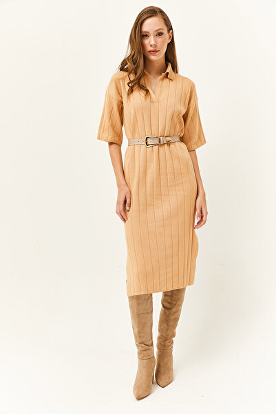 Olalook Kadın Bej Yanı Yırtmaçlı Yumuşak Dokulu Core Spun Triko Elbise ELB-19001971