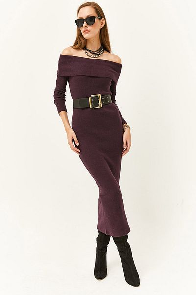 Olalook Pflaumenfarbenes langes Kleid aus Lycra mit Madonna-Kragen für Damen ELB-19000752