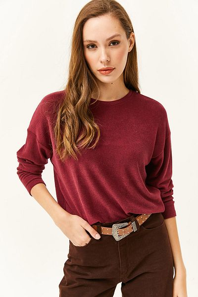 Olalook Women's Burgundy Crew Neck Bat Soft Textured Blouse BLZ-19002385