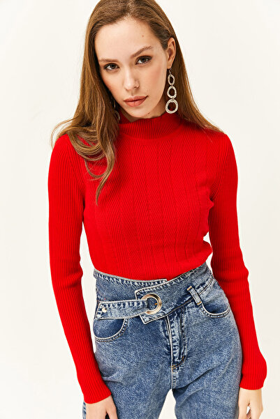 Olalook Women's Red Half Fisherman Zigzag Textured Soft Knitwear Sweatshirt KZK-19000447